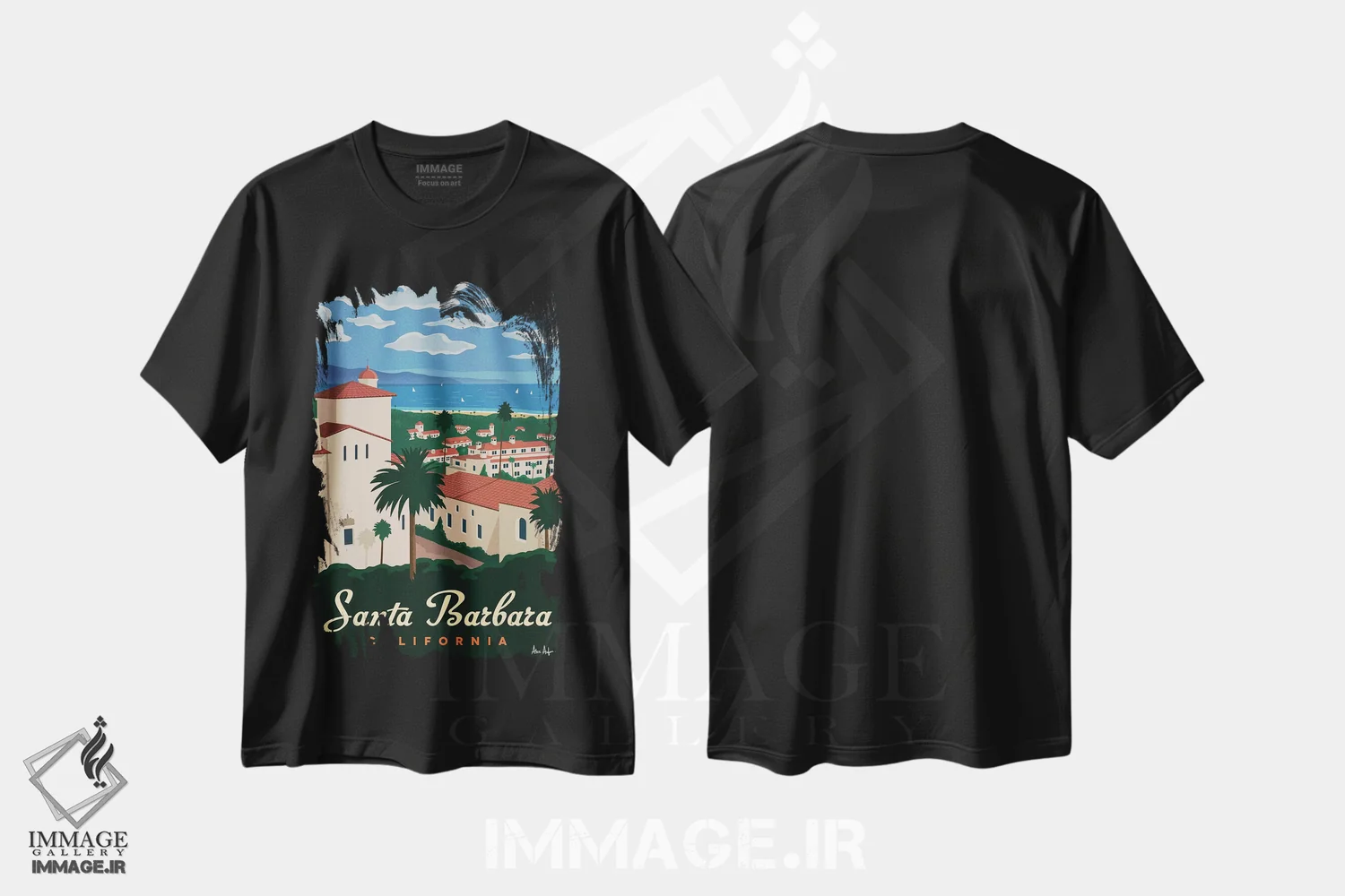 تیشرت مشکی طرح دار سانتا باربارا، تایپوگرافی اثر ایدیااستورم استودیوز | فروشگاه ایماژ