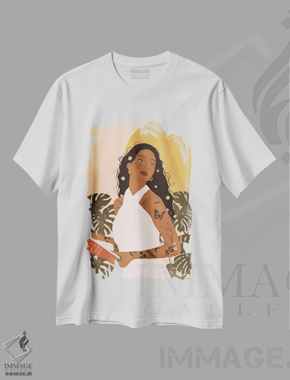 تیشرت سفید طرح دار الیزابت، هنر آمریکایی آفریقایی تبار اثر ایتس فانی هو | فروشگاه ایماژ