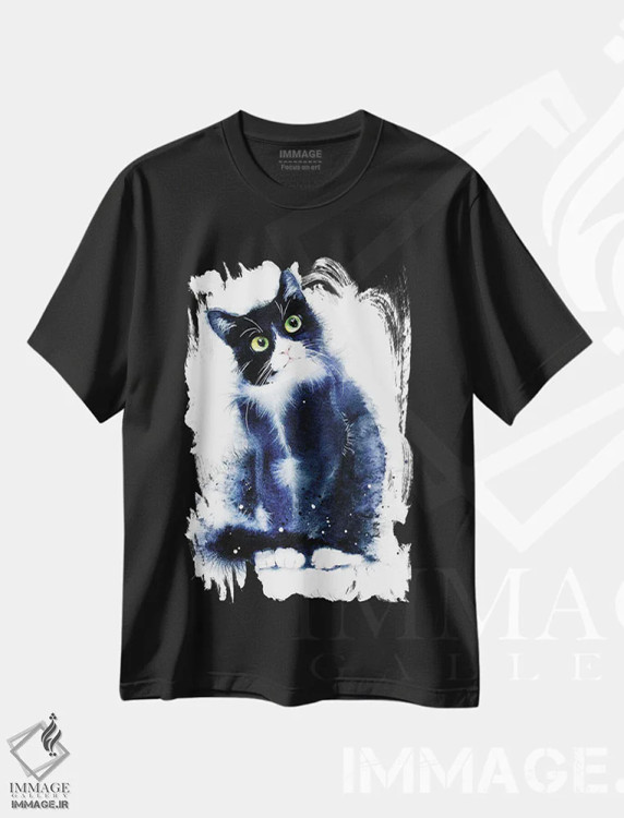 تیشرت مشکی طرح دار گربه سیاه و سفید، دکور معاصر اثر مارینا ایگناتووا | فروشگاه ایماژ