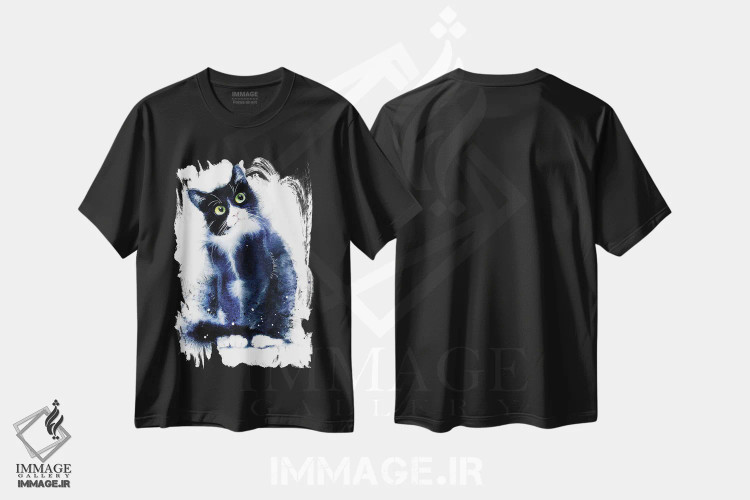 تیشرت مشکی طرح دار گربه سیاه و سفید، دکور معاصر اثر مارینا ایگناتووا | فروشگاه ایماژ