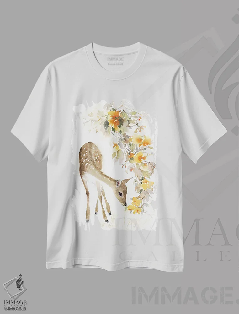 تیشرت سفید طرح دار آهو با شاخه، دکور معاصر اثر مارینا ایگناتووا | فروشگاه ایماژ