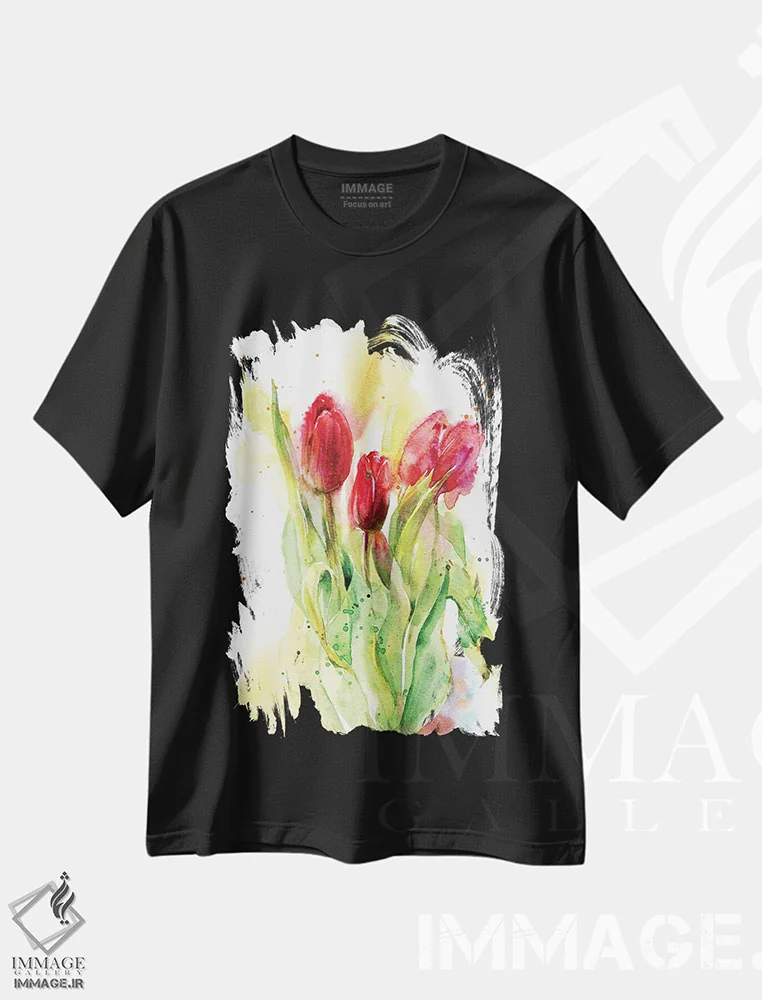 تیشرت مشکی طرح دار لاله های قرمز، دکور معاصر اثر مارینا ایگناتووا | فروشگاه ایماژ