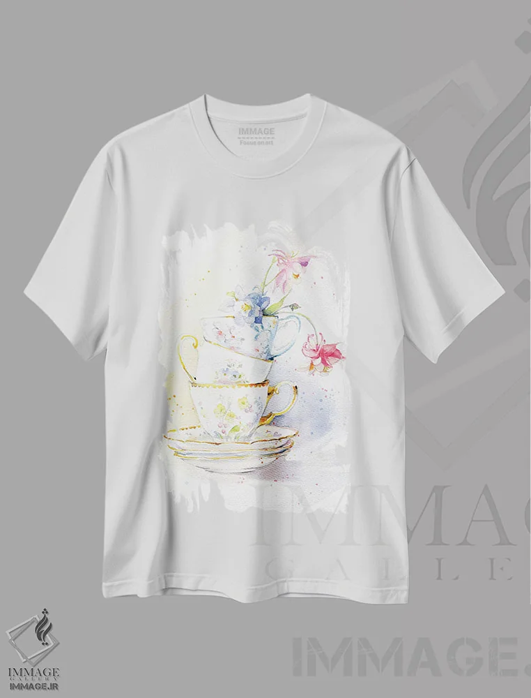 تیشرت سفید طرح دار ظروف چای، مدیوم اثر مارینا ایگناتووا | فروشگاه ایماژ