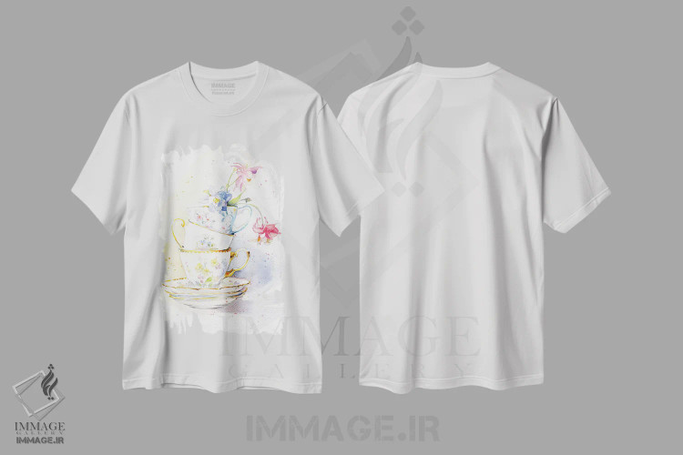 تیشرت سفید طرح دار ظروف چای، مدیوم اثر مارینا ایگناتووا | فروشگاه ایماژ