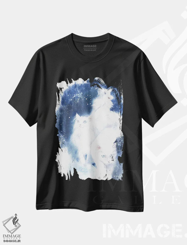 تیشرت مشکی طرح دار گربه های سفید، مدیوم اثر مارینا ایگناتووا | فروشگاه ایماژ