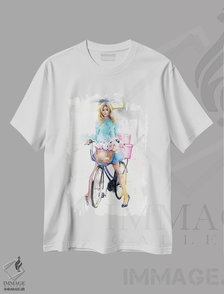 تیشرت سفید طرح دار دختر دوچرخه سوار، دکور معاصر اثر مارینا ایگناتووا | فروشگاه ایماژ