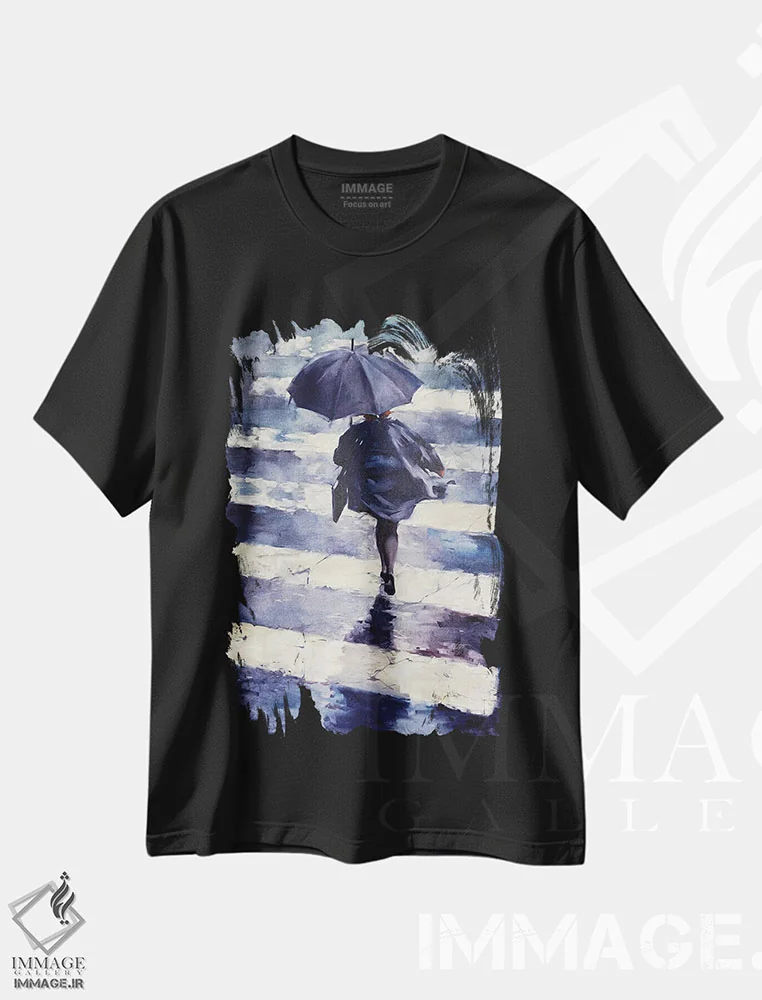 تیشرت مشکی طرح دار شهر بارانی، هنر فاخر معاصر اثر ایگور شولمان | فروشگاه ایماژ