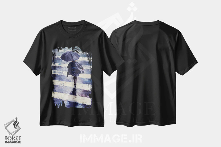تیشرت مشکی طرح دار شهر بارانی، هنر فاخر معاصر اثر ایگور شولمان | فروشگاه ایماژ