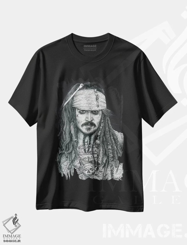 تیشرت مشکی طرح دار کاپیتان جک، هنر فاخر معاصر اثر اینکد آیکونز | فروشگاه ایماژ