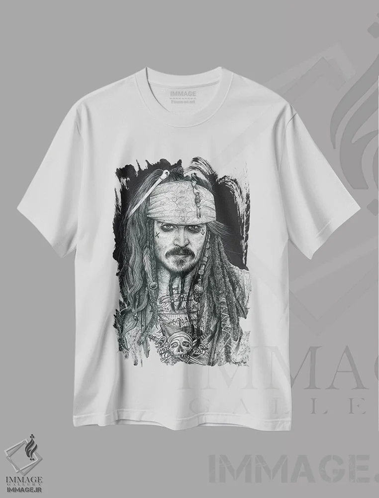 تیشرت سفید طرح دار کاپیتان جک، هنر فاخر معاصر اثر اینکد آیکونز | immage.ir