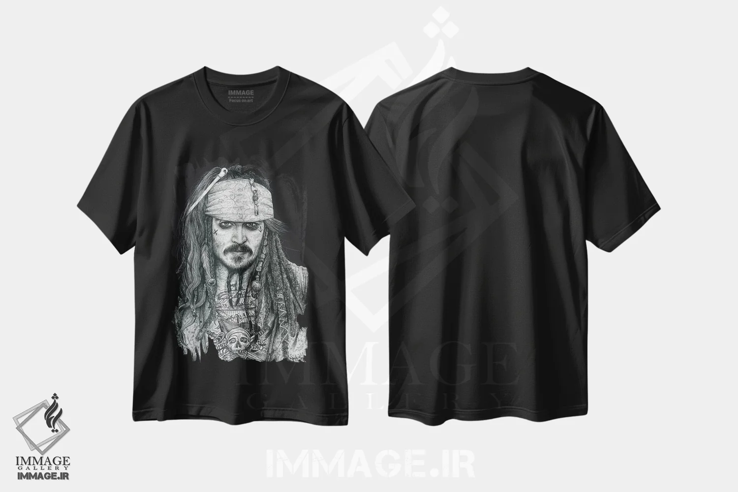 تیشرت مشکی طرح دار کاپیتان جک، هنر فاخر معاصر اثر اینکد آیکونز | فروشگاه ایماژ