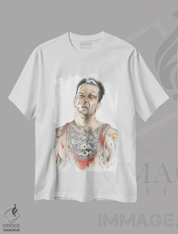 تیشرت سفید طرح دار جان سخت، هنر فاخر معاصر اثر اینکد آیکونز | فروشگاه ایماژ