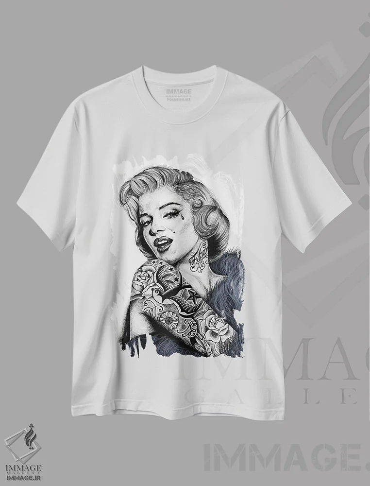 تیشرت سفید طرح دار مرلین مونرو، هنر فاخر معاصر اثر اینکد آیکونز | فروشگاه ایماژ
