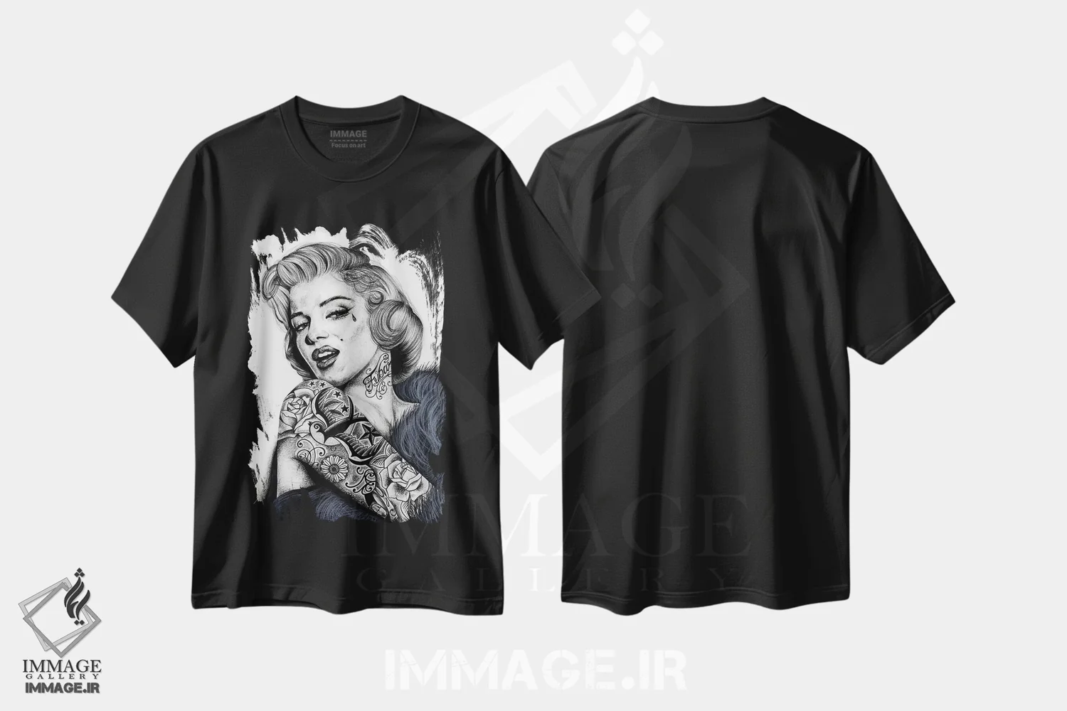 تیشرت مشکی طرح دار مرلین مونرو، هنر فاخر معاصر اثر اینکد آیکونز | immage.ir