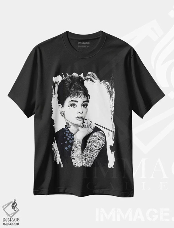 تیشرت مشکی طرح دار آدری هپبورن، هنر فاخر معاصر اثر اینکد آیکونز | فروشگاه ایماژ