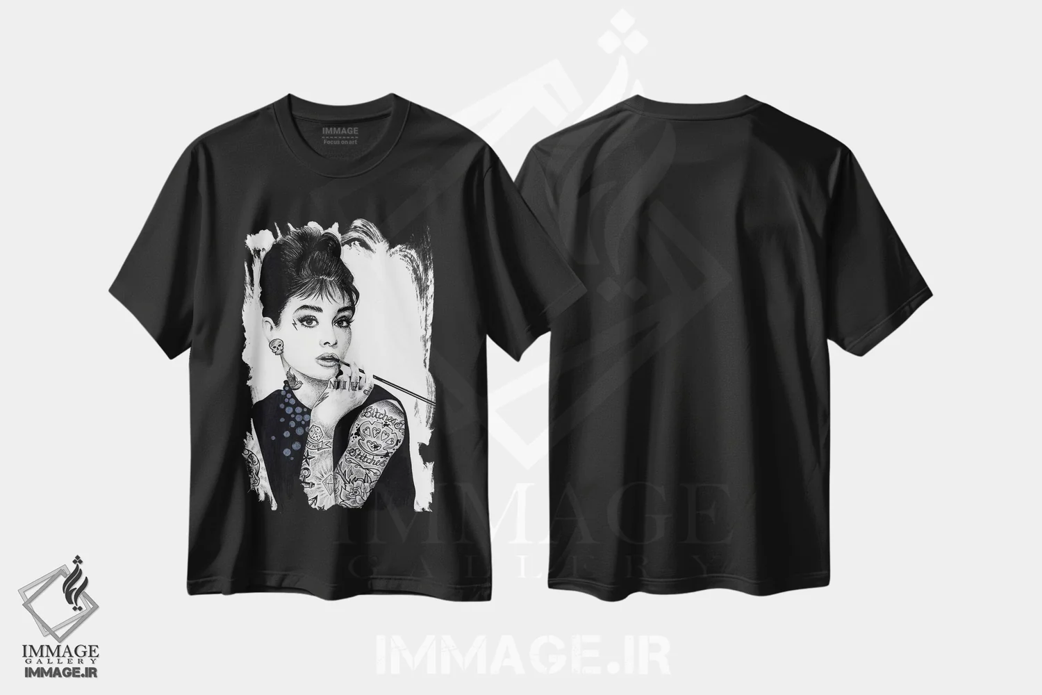 تیشرت مشکی طرح دار آدری هپبورن، هنر فاخر معاصر اثر اینکد آیکونز | فروشگاه ایماژ