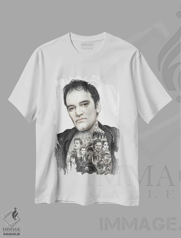 تیشرت سفید طرح دار تارانتینو، هنر فاخر معاصر اثر اینکد آیکونز | immage.ir