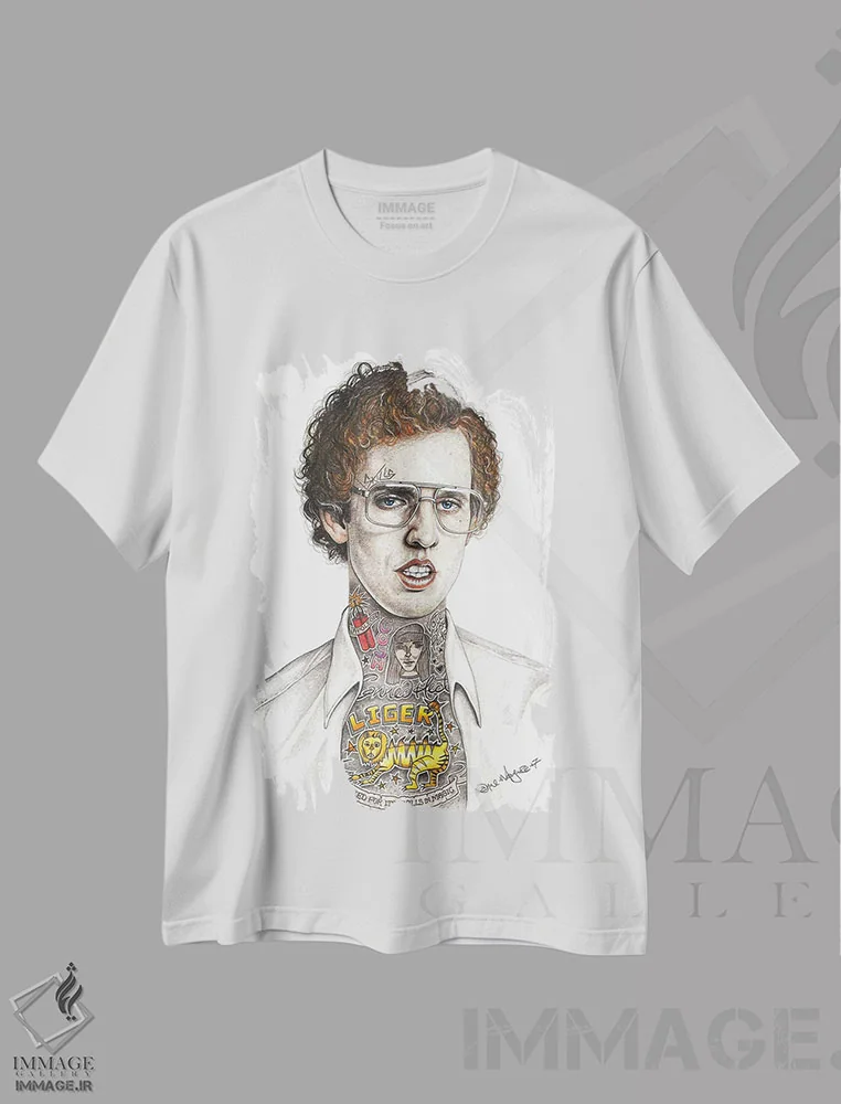 تیشرت سفید طرح دار ناپلئون دینامیت، دست نقاشی و طراحی دستی اثر اینکد آیکونز | فروشگاه ایماژ