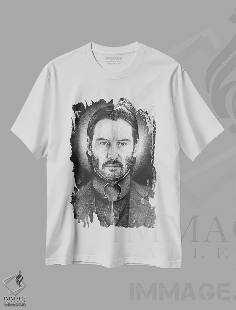 تیشرت سفید طرح دار جان ویک، نقاشی و تصویرگری سیاه و سفید اثر اینکد آیکونز | immage.ir
