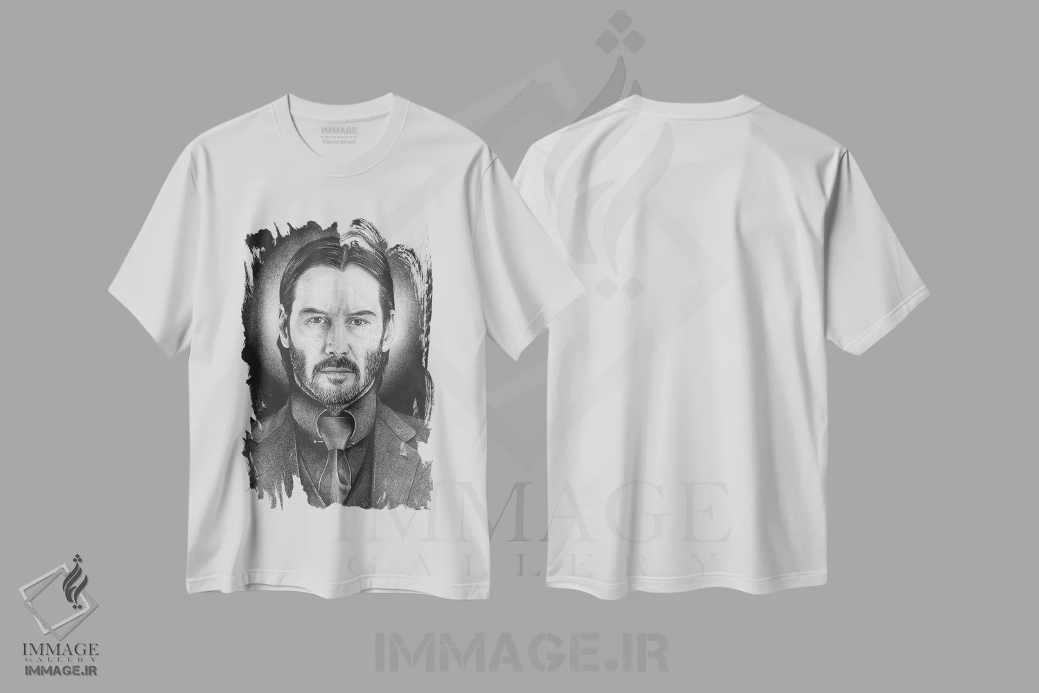 تیشرت سفید طرح دار جان ویک، نقاشی و تصویرگری سیاه و سفید اثر اینکد آیکونز | immage.ir
