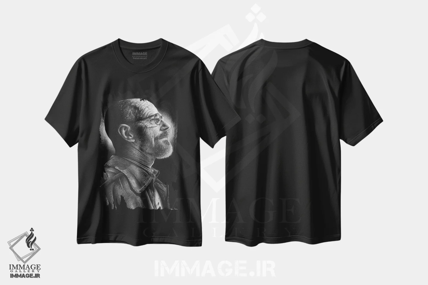 تیشرت مشکی طرح دار هایزنبرگ، دست نقاشی و طراحی دستی اثر اینکد آیکونز | فروشگاه ایماژ