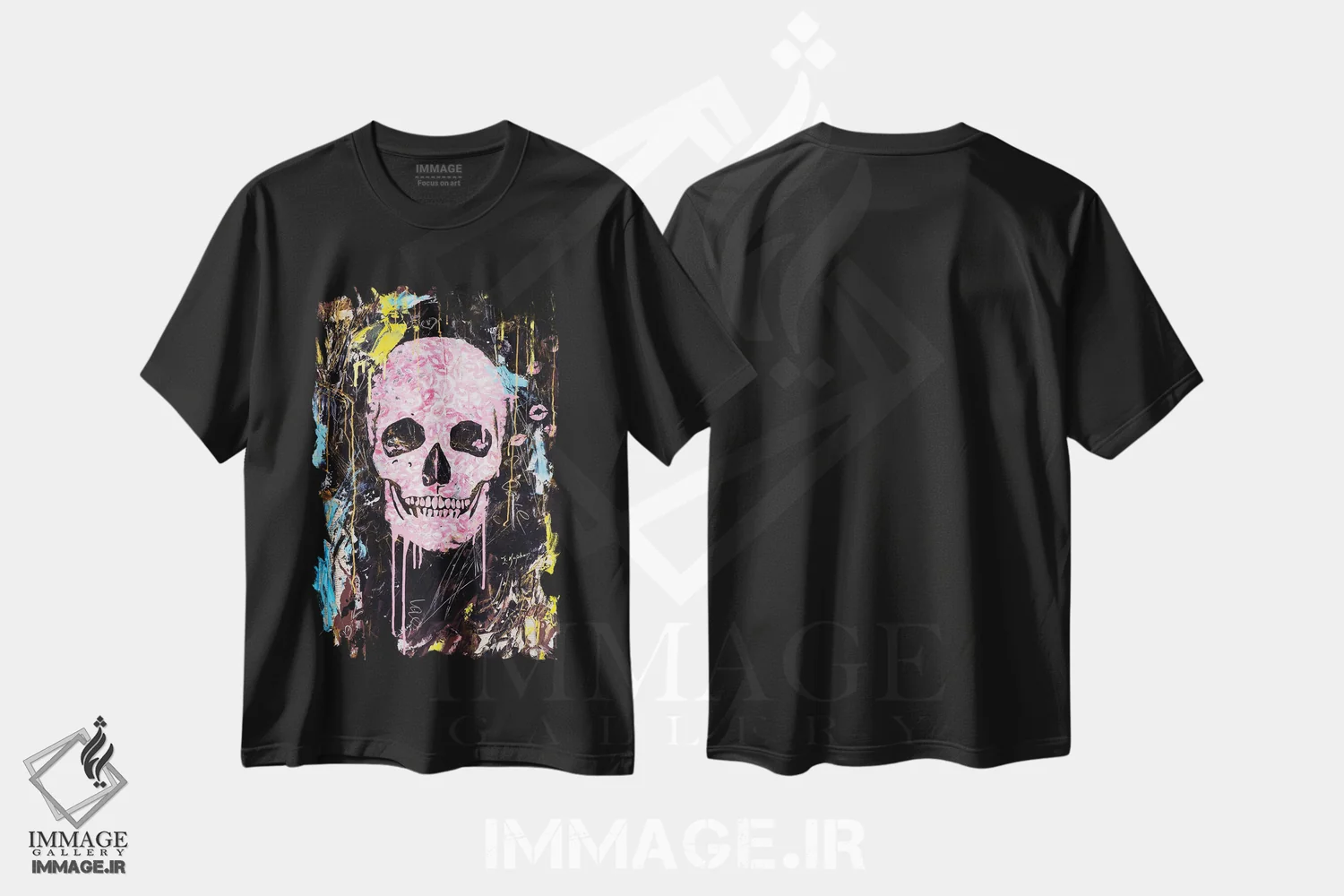 تیشرت مشکی طرح دار بوسه جمجمه، دکوراسیون جایگزین اثر اینس کاپلون | فروشگاه ایماژ