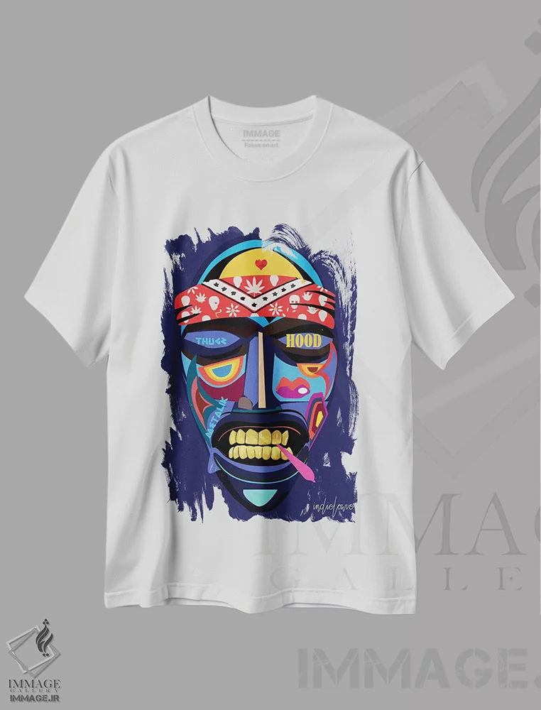 تیشرت سفید طرح دار نقاب ایمو، هنر آمریکایی آفریقایی تبار اثر ایندی لاو | فروشگاه ایماژ