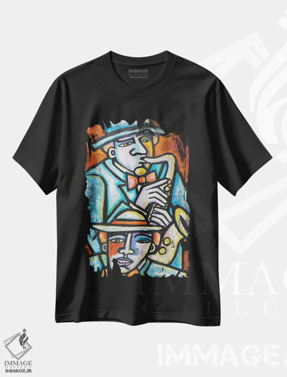 تیشرت مشکی طرح دار مردان جاز، هنر فاخر معاصر اثر ایلین ریچارد | فروشگاه ایماژ