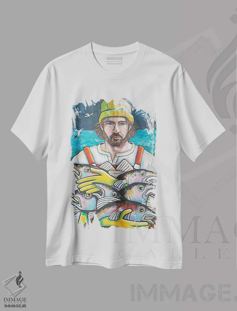 تیشرت سفید طرح دار ماهیگیر گلاستر، هنر فاخر معاصر اثر ایلین ریچارد | immage.ir