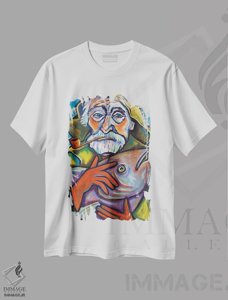 تیشرت سفید طرح دار ماهیگیر گلاستر، هنر فاخر معاصر اثر ایلین ریچارد | فروشگاه ایماژ