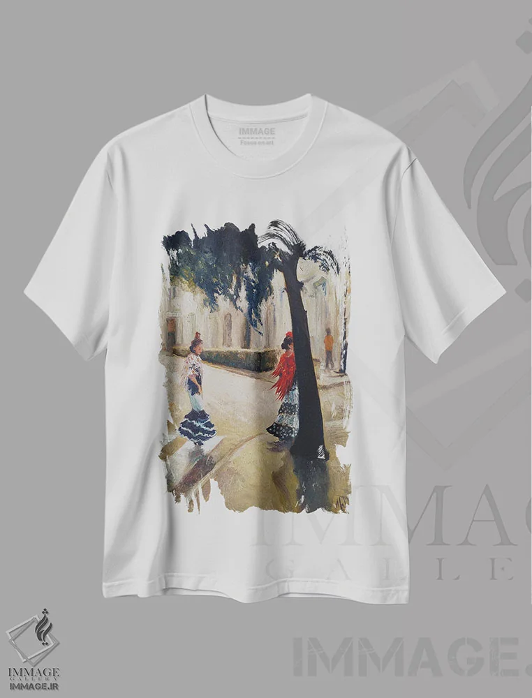 تیشرت سفید طرح دار سویا در غروب، هنر فاخر معاصر اثر ایزابل ماهه | فروشگاه ایماژ