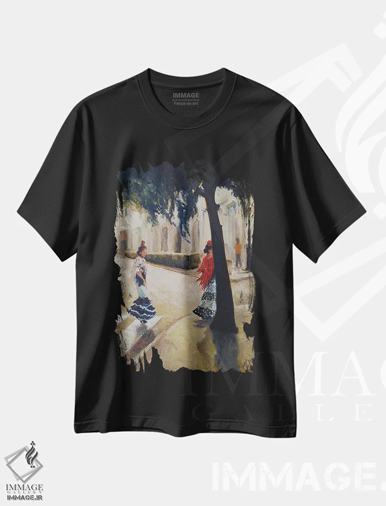 تیشرت مشکی طرح دار سویا در غروب، هنر فاخر معاصر اثر ایزابل ماهه | immage.ir