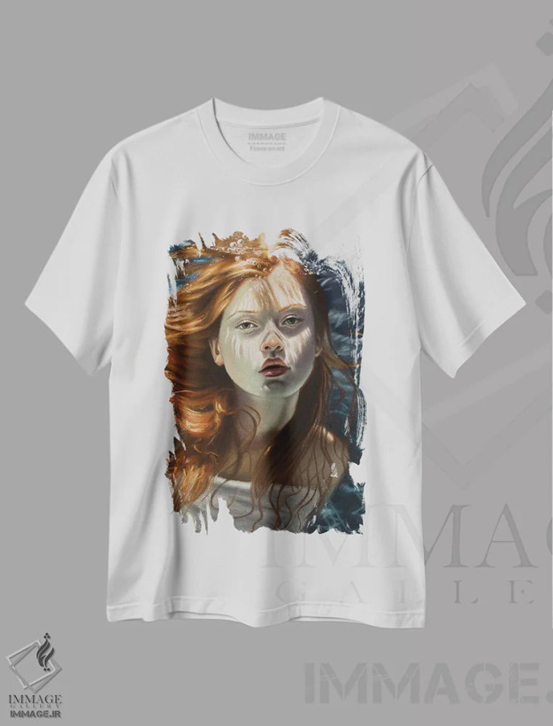 تیشرت سفید طرح دار دختر مو قرمز زیر آب، هنر فاخر معاصر اثر اینا مدودوا | فروشگاه ایماژ