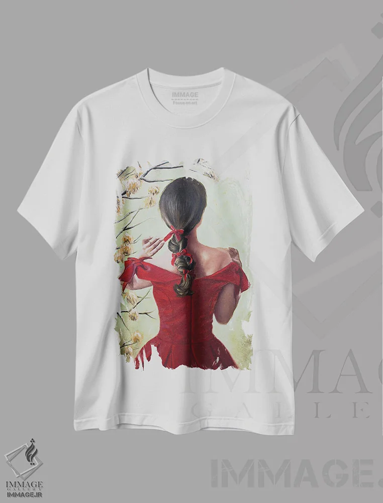 تیشرت سفید طرح دار زن با لباس قرمز، هنر فاخر معاصر اثر اینا مدودوا | فروشگاه ایماژ