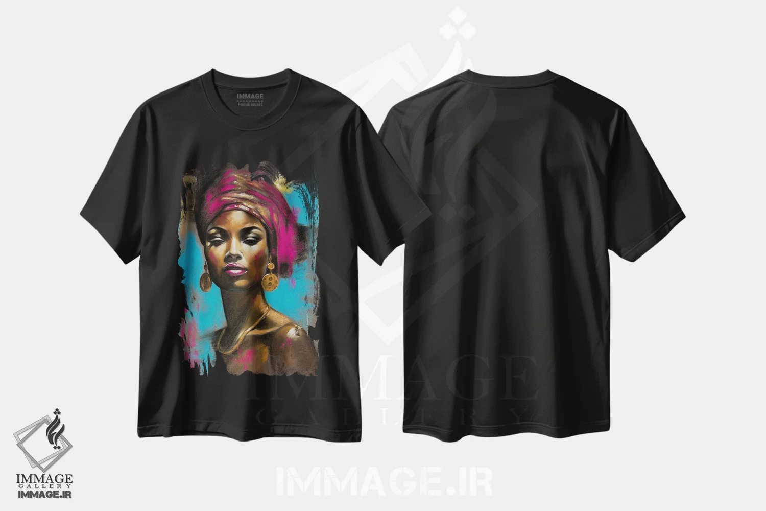 تیشرت مشکی طرح دار زن آفریقایی، هنر آمریکایی آفریقایی تبار اثر اینا مدودوا | فروشگاه ایماژ