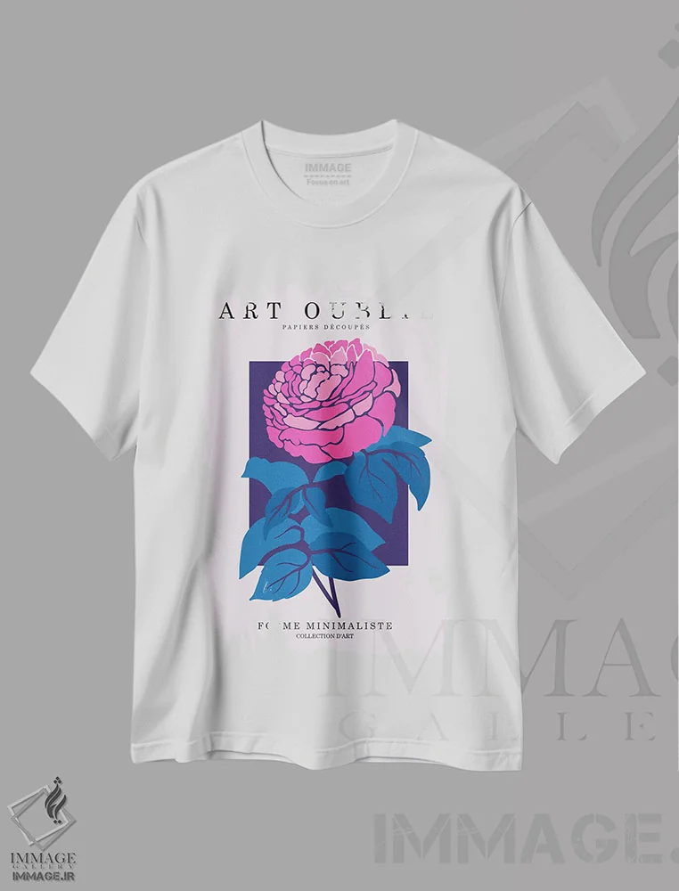تیشرت سفید طرح دار گل صدتومانی فوشیا، تزئینی اثر اینکادو | فروشگاه ایماژ