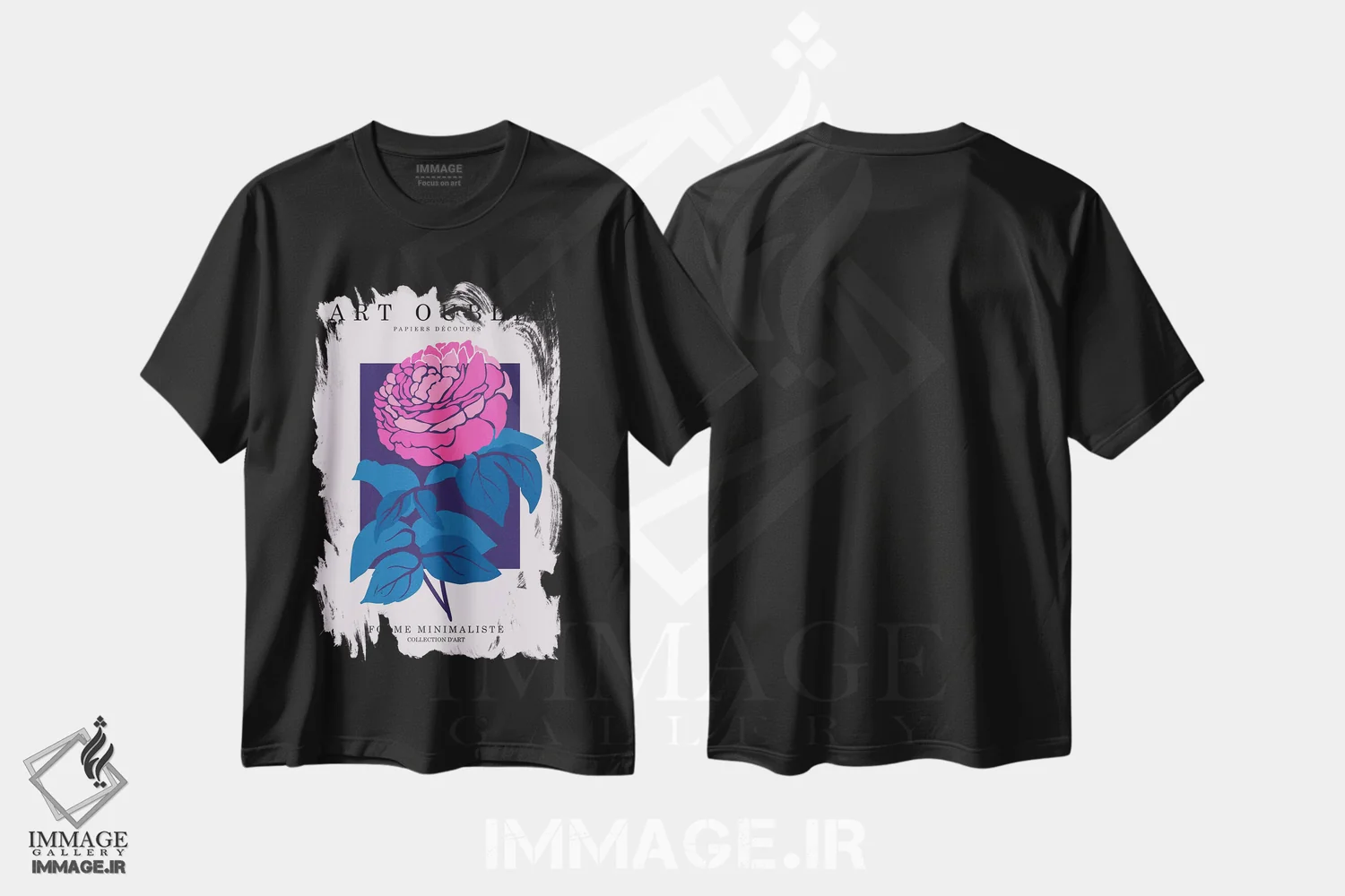تیشرت مشکی طرح دار گل صدتومانی فوشیا، تزئینی اثر اینکادو | immage.ir