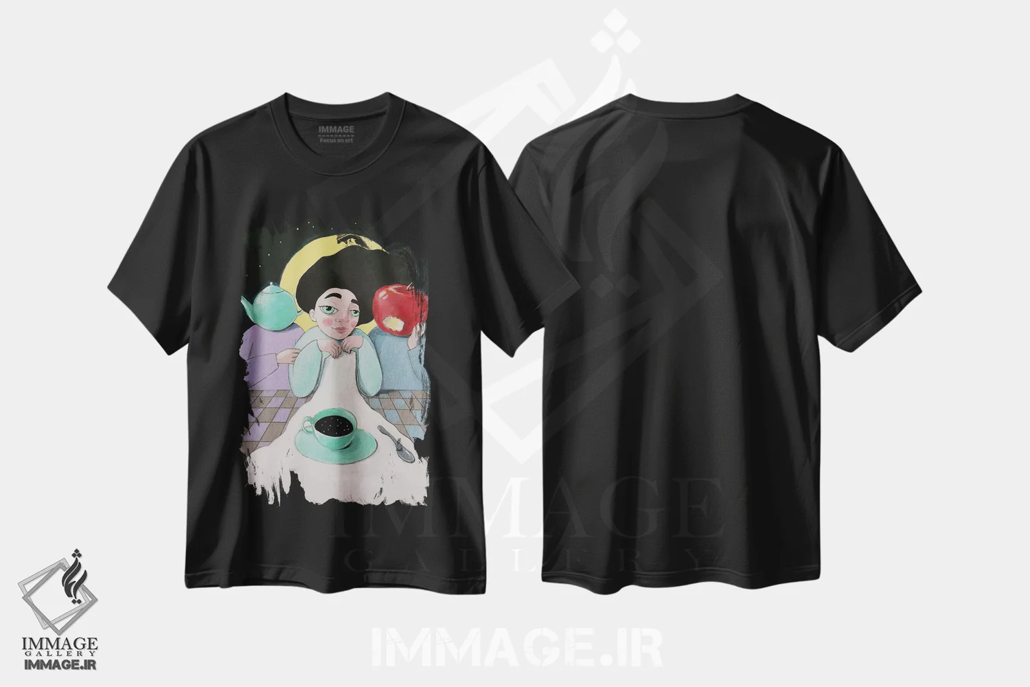 تیشرت مشکی طرح دار چای عصرگاهی، مدیوم اثر ایرینا پانِدوا | فروشگاه ایماژ