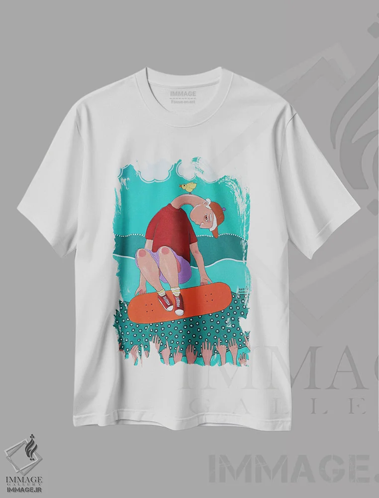 تیشرت سفید طرح دار اسکیت باز، مدیوم اثر ایرینا پانِدوا | فروشگاه ایماژ