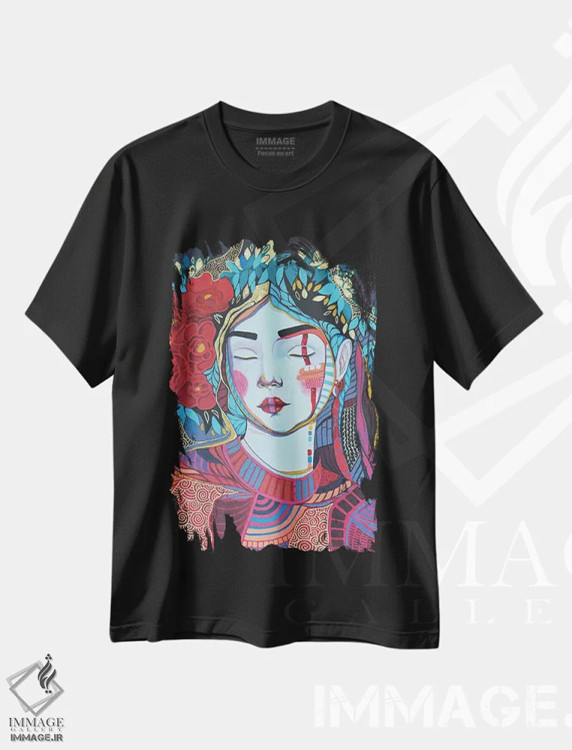 تیشرت مشکی طرح دار سنت، دکور آسیایی اثر ایرینا پانِدوا | فروشگاه ایماژ