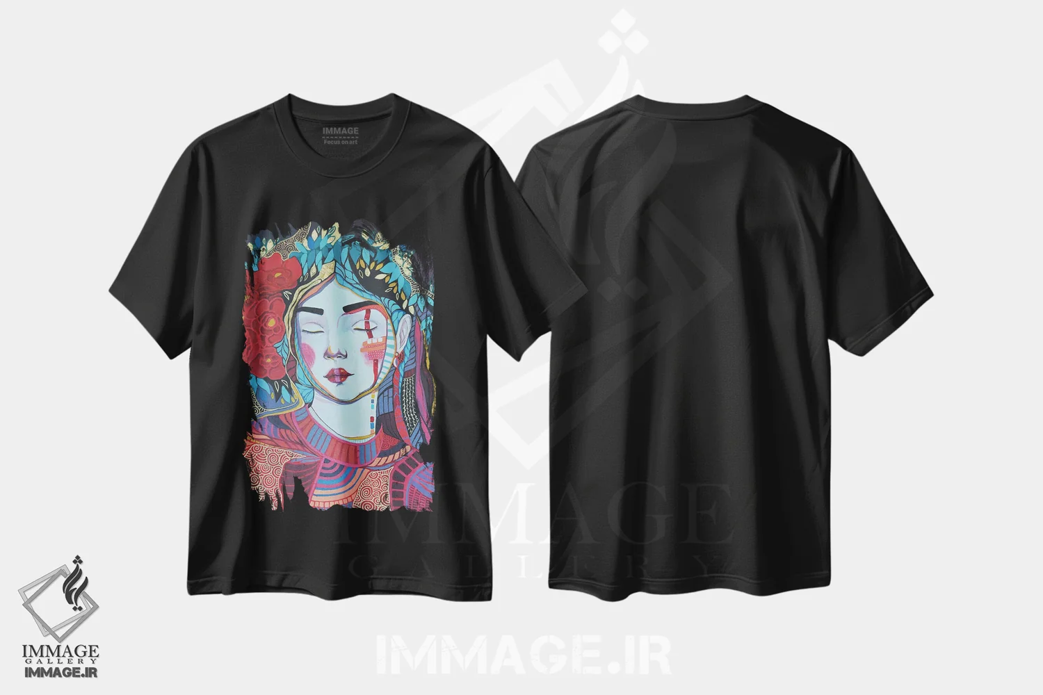 تیشرت مشکی طرح دار سنت، دکور آسیایی اثر ایرینا پانِدوا | فروشگاه ایماژ
