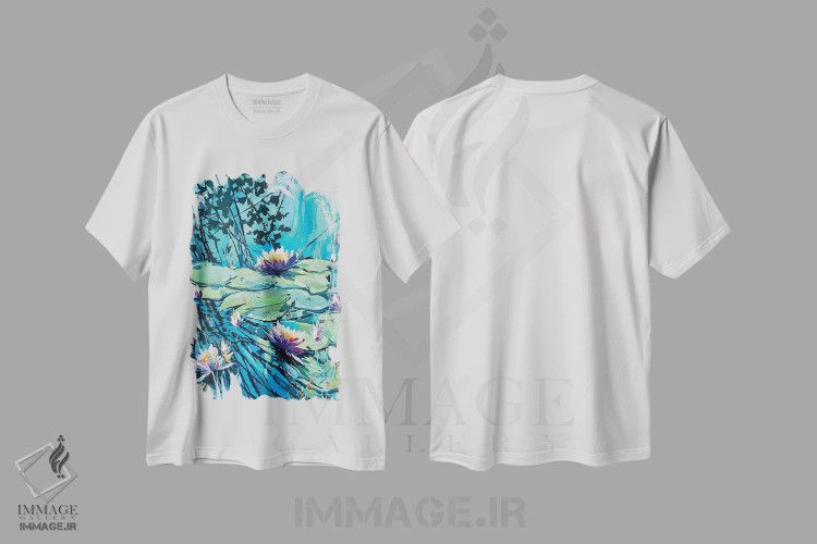 تیشرت سفید طرح دار نیلوفرهای آبی شکوفه دار ۲، تزئینی اثر ایرینا رومیانسه وا | immage.ir