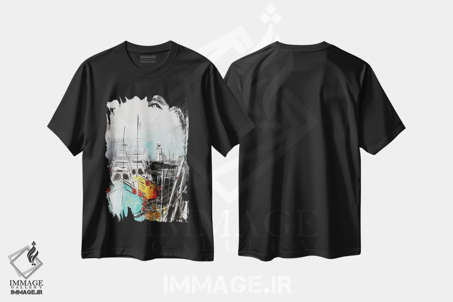 تیشرت مشکی طرح دار قایق های بادبانی در بندرگاه، مدیوم اثر ایرینا رومیانسه وا | immage.ir