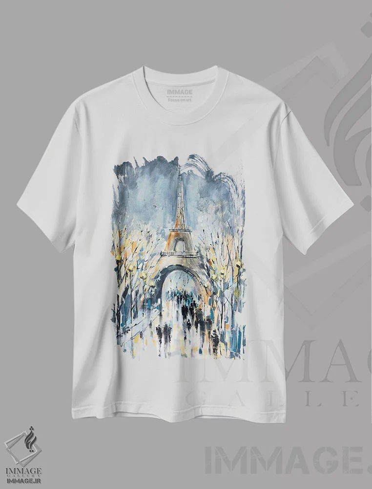 تیشرت سفید طرح دار پاریس، دکور معاصر اثر ایرینا رومیانسه وا | فروشگاه ایماژ