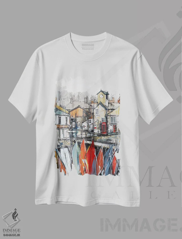 تیشرت سفید طرح دار بندر کورنوال اثر ایرینا رومیانسه وا | فروشگاه ایماژ