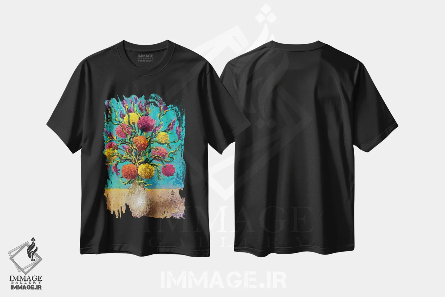 تیشرت مشکی طرح دار گلدان تازه رنگ شده، هنر فاخر معاصر اثر آیریس اسکات | immage.ir