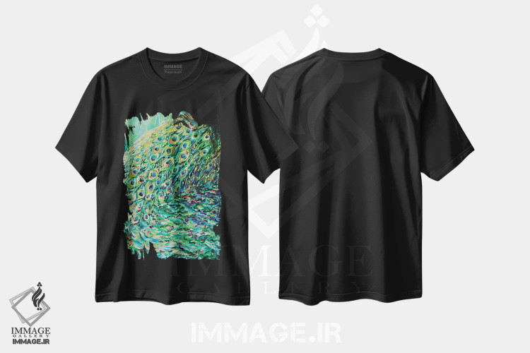 تیشرت مشکی طرح دار پانل اول دو لت طاووس، هنر فاخر معاصر اثر آیریس اسکات | فروشگاه ایماژ