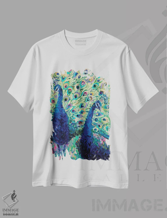 تیشرت سفید طرح دار طاووس دوقلو، هنر فاخر معاصر اثر آیریس اسکات | immage.ir