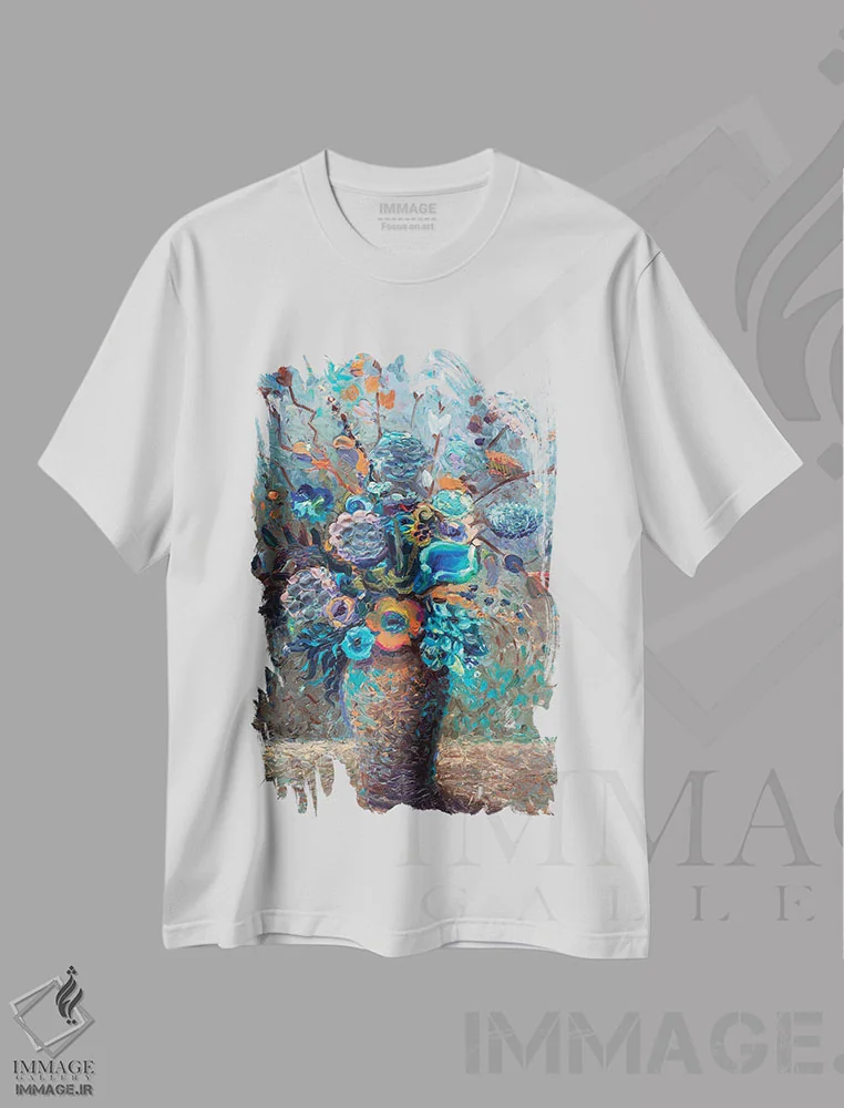 تیشرت سفید طرح دار سبزی خردل، دکور معاصر اثر آیریس اسکات | فروشگاه ایماژ