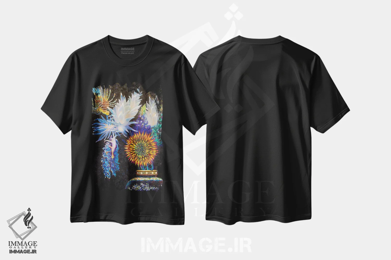 تیشرت مشکی طرح دار هنر گل آرایی ژاپنیآبی، شماره ۲، دکور معاصر اثر آیریس اسکات | فروشگاه ایماژ